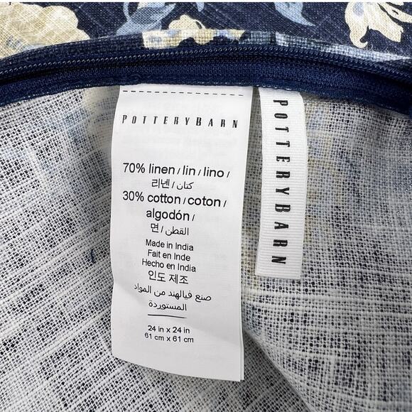 Pottery Barn Pillow Cover Garden Floral 24 x 24 Indigo Linen Blue Yellow Decor - Picture 4 of 6